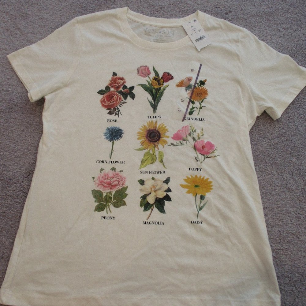 Womens Botanical Tee Floral Cream Short Sleeve Top XL NWT